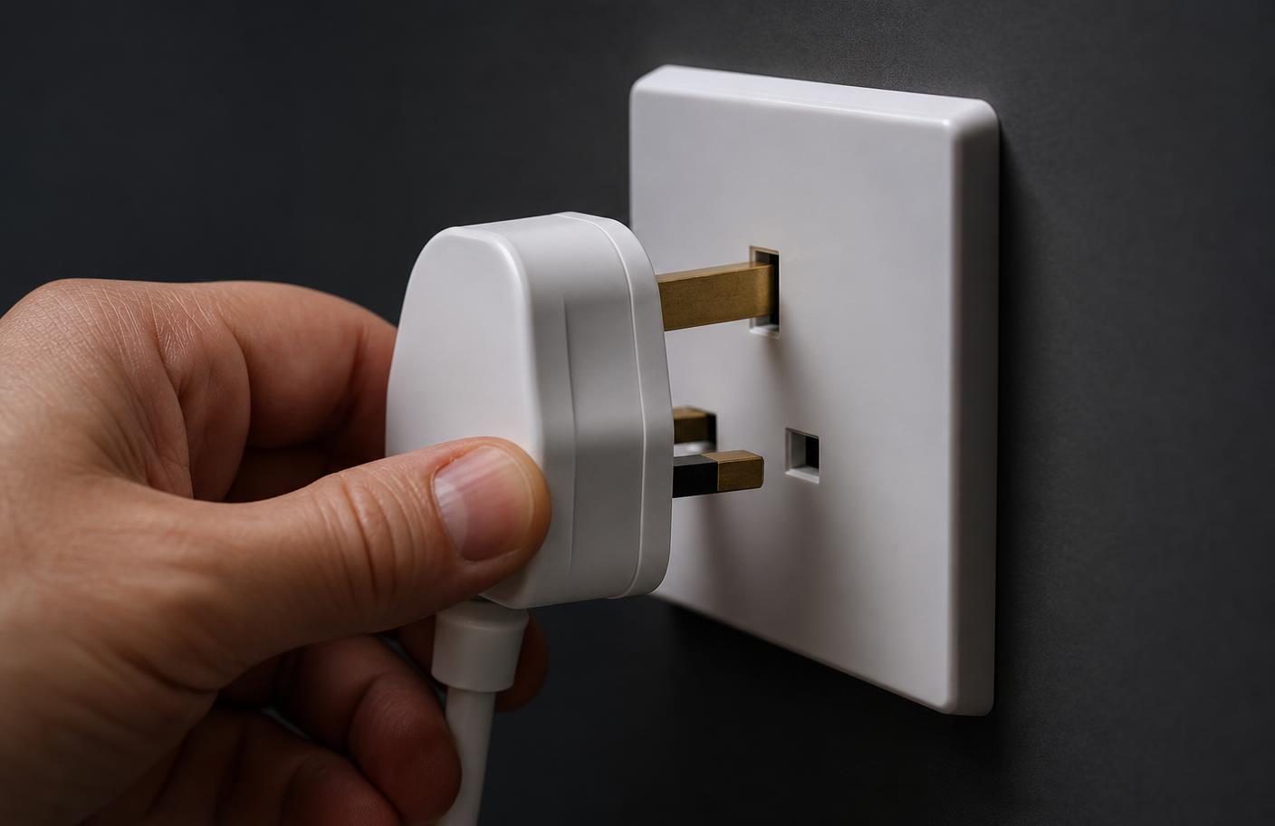 A UK BS 1363 three-pin plug being connected to a wall socket