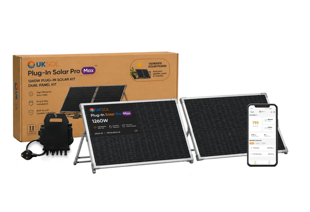 SocketPower Plug-In Solar Pro Max 1260W dual panel kit: the retail box, two 630W panels in silver frames on hybrid ground/wall mounts, the 800W smart microinverter with its plug lead, and a phone showing the live monitoring app